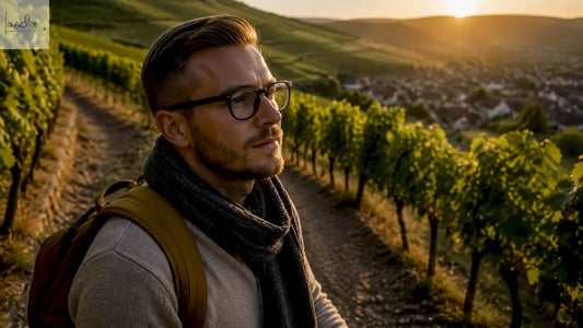Ein Wanderer genießt die malerische Weinberglandschaft im Kaiserstuhl.