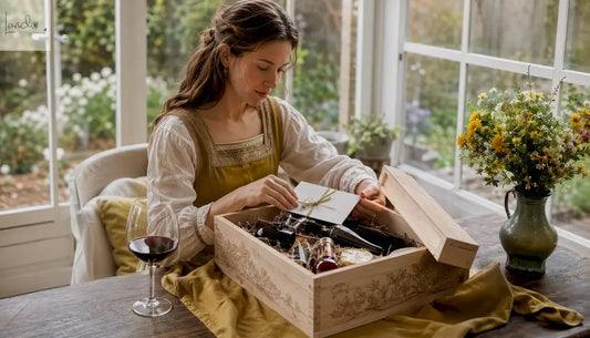 Eine Frau stellt am Tisch ein Geschenkset mit erlesenen Weinen für die nächste Reise zusammen.