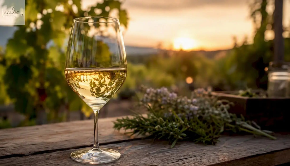 Ein Glas Weißburgunder wird inmitten der Weinberge in der Hand gehalten.