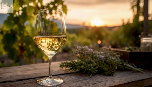 Ein Glas Weißburgunder wird inmitten der Weinberge in der Hand gehalten.