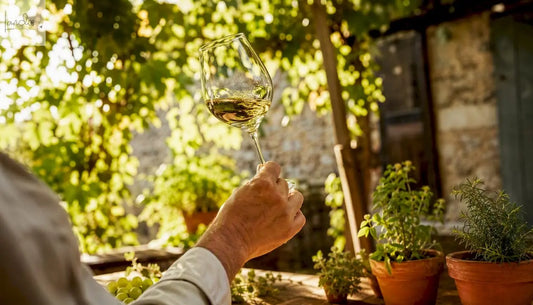 Mit einer leichten Drehbewegung lässt man das Glas Weißwein kreisen, um die feinen Aromen freizusetzen.