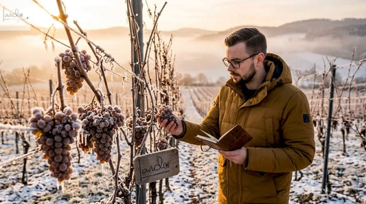 Mit Raureif überzogene Trauben hängen an den Reben im winterlichen Weinberg.