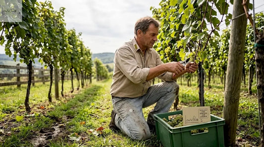 Ein Winzer pflegt mit viel Sorgfalt die Reben in seinem Weinberg.