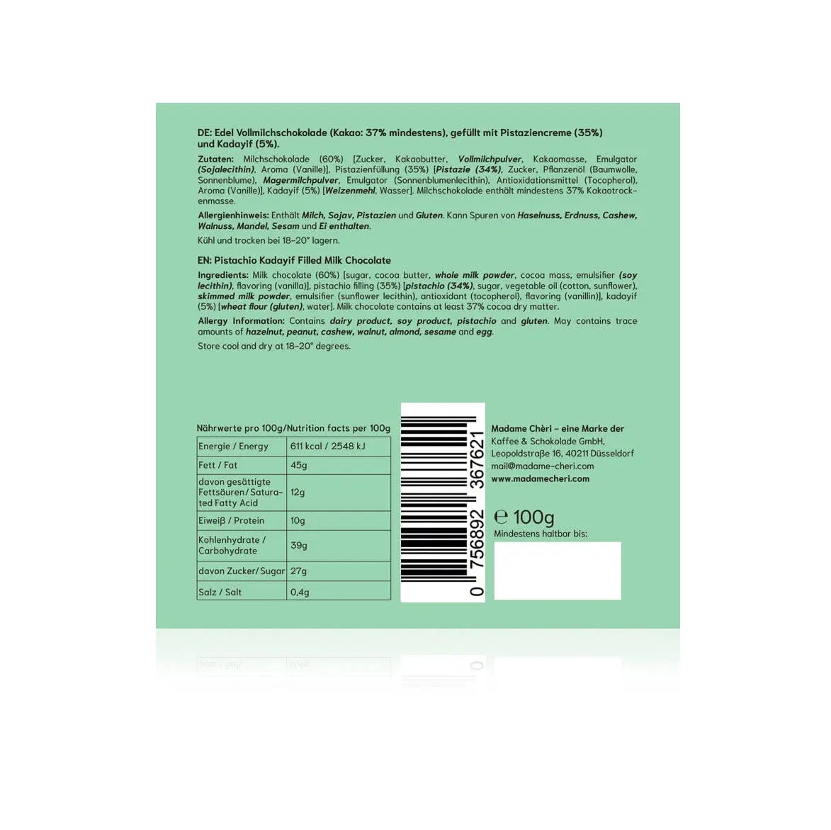 Dubai Style Chocolate (100 g) Kaffee und Schokolade GmbH