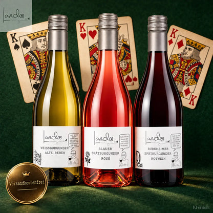 Lando’s Trio am Pokertisch, goldener Versandkostenfrei-Stempel in Courier PS