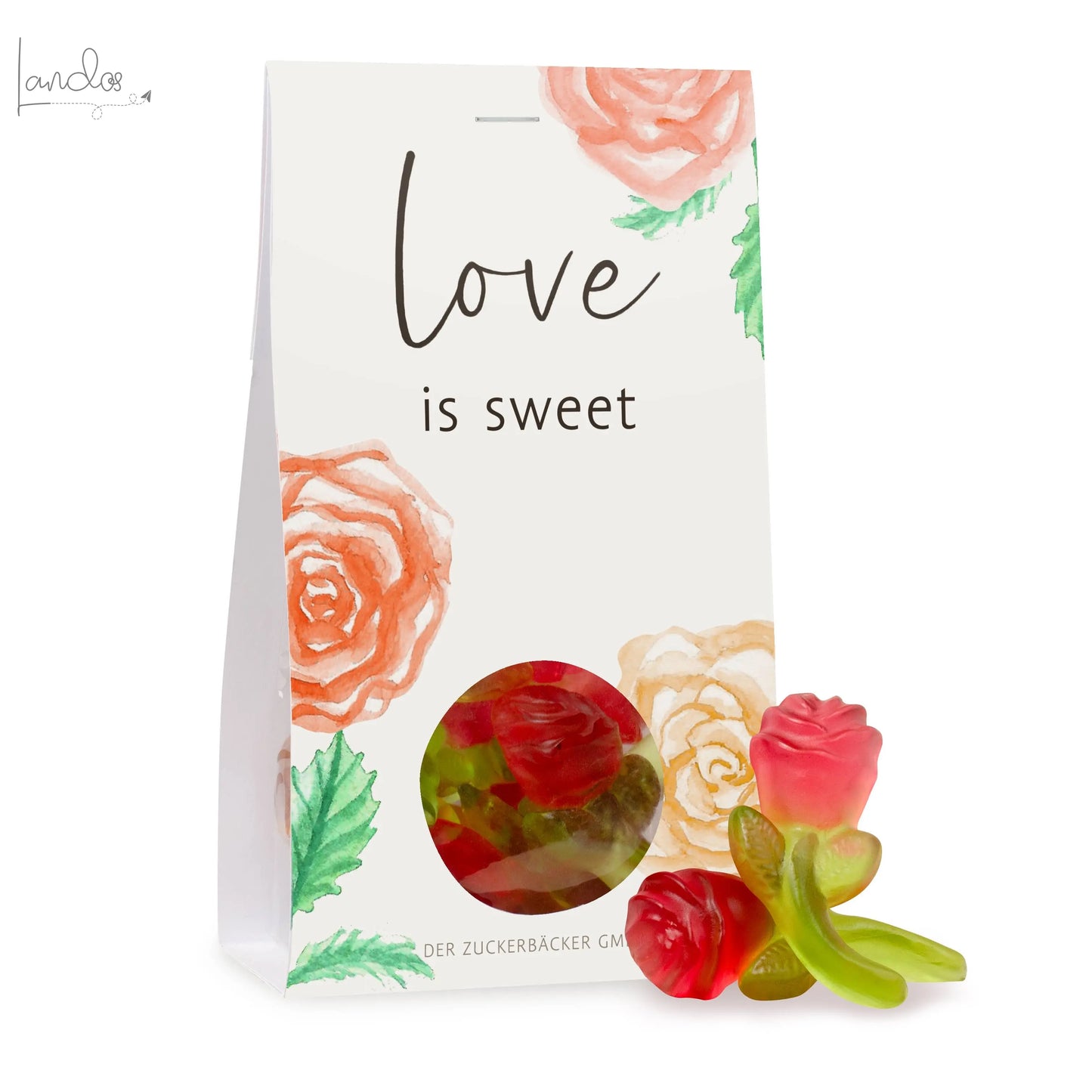 Naschportion Love is sweet Fruchtgummi Rosen Geschenk Der Zuckerbäcker
