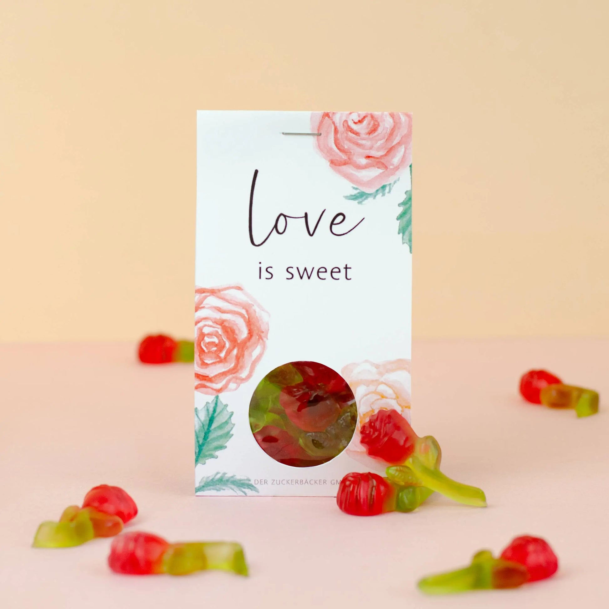 Naschportion Love is sweet Fruchtgummi Rosen Geschenk Der Zuckerbäcker