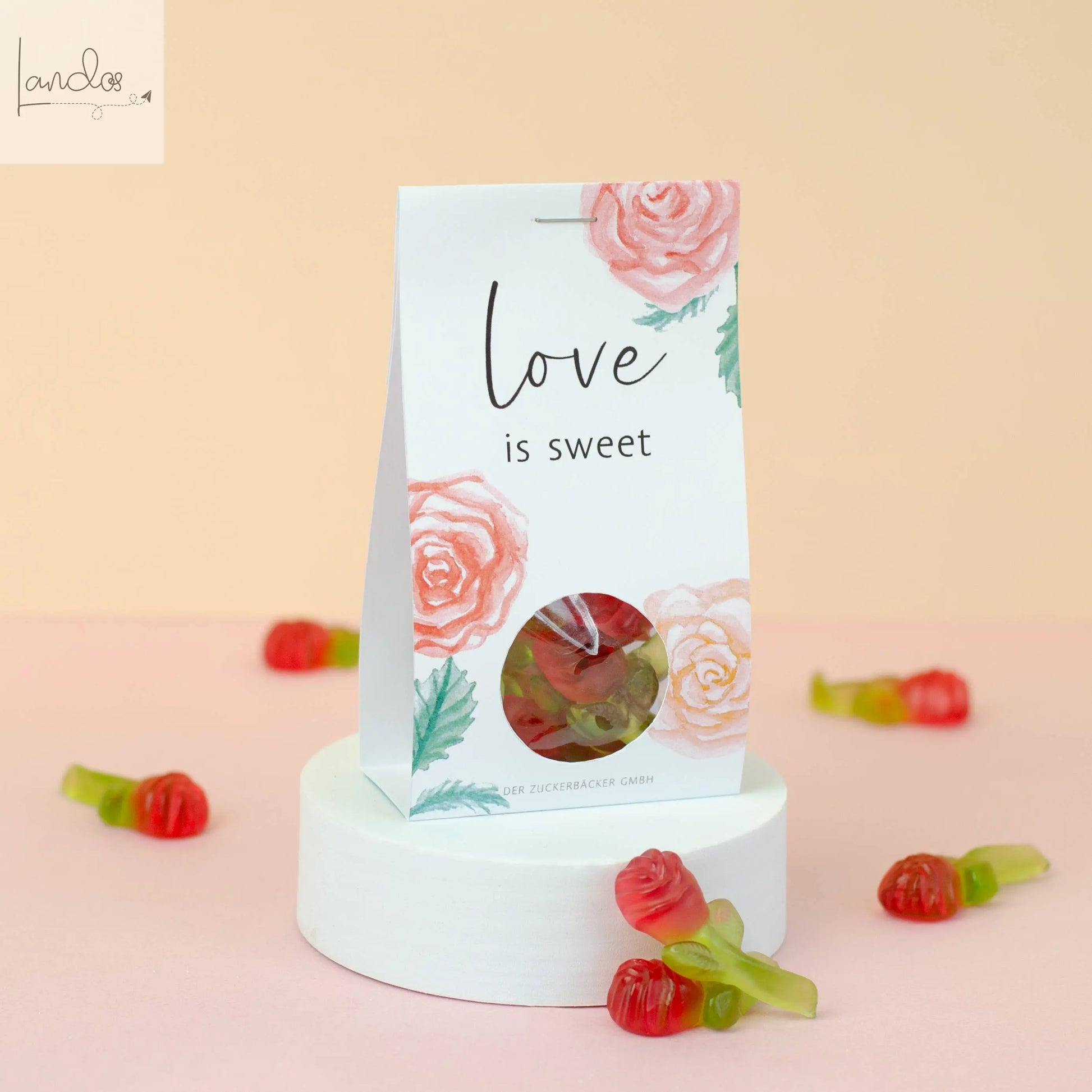 Naschportion Love is sweet Fruchtgummi Rosen Geschenk Der Zuckerbäcker