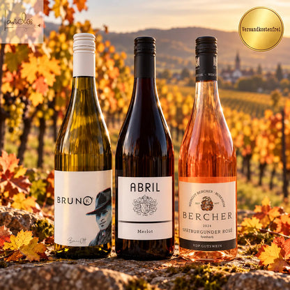 Badischer Herbst Weinpaket mit goldenem Versandkostenfrei-Sticker in herbstlichen Reben
