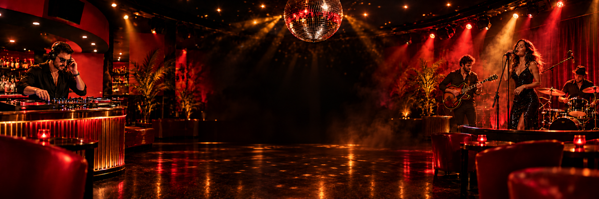 Lando’s Underground mit DJ, Disco-Kugel und Liveband
